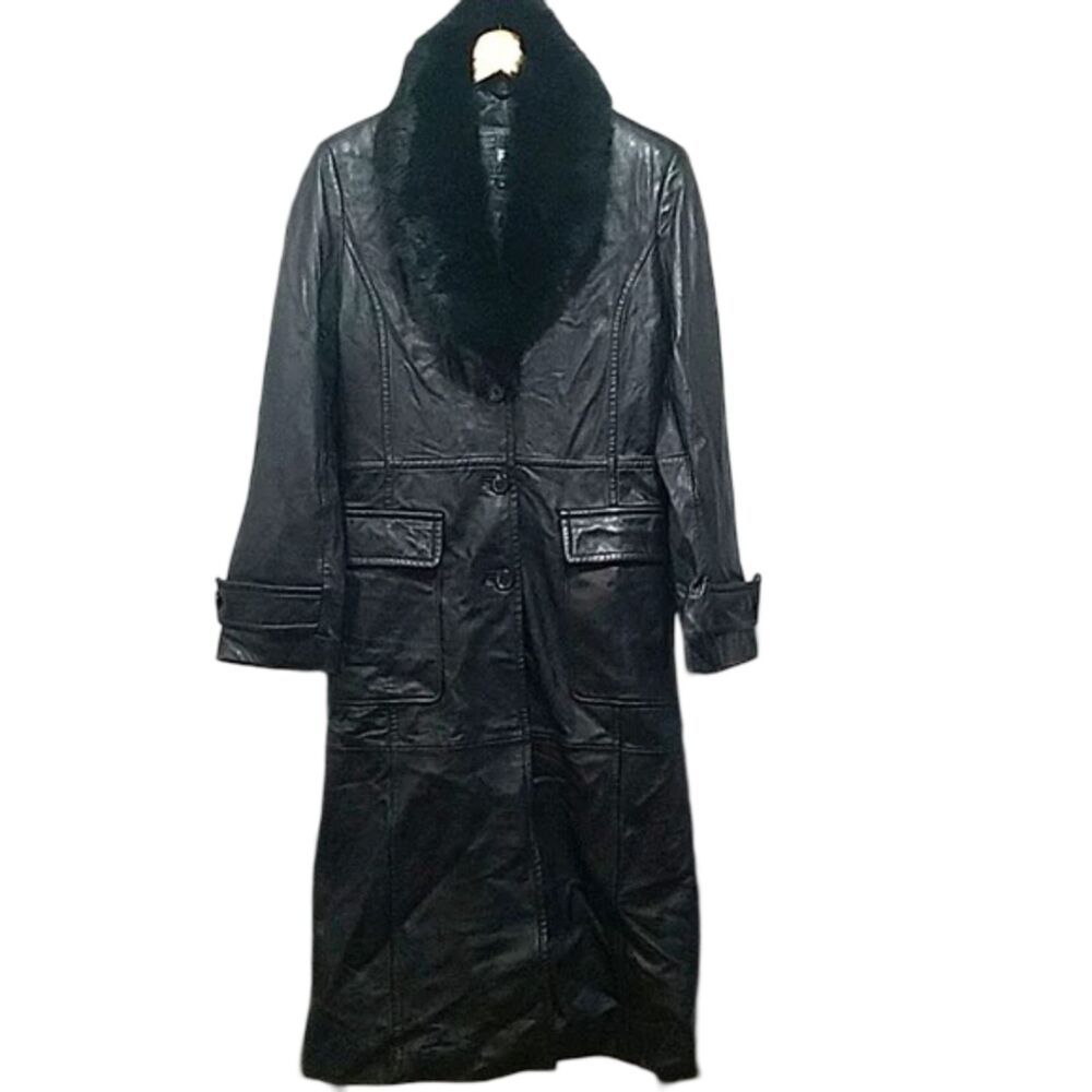 Azzure Vintage 90s Y2K Black Leather Full Length Trench Coat Real Fur Collar M